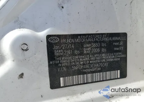 2014 Hyundai Elantra Se from USA, damaged, VIN 5NPDH4AEXEH479341